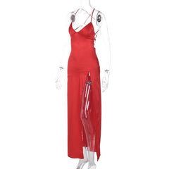 Slit cross back satin backless solid v neck maxi dress  | red tango dress  | black rave dress