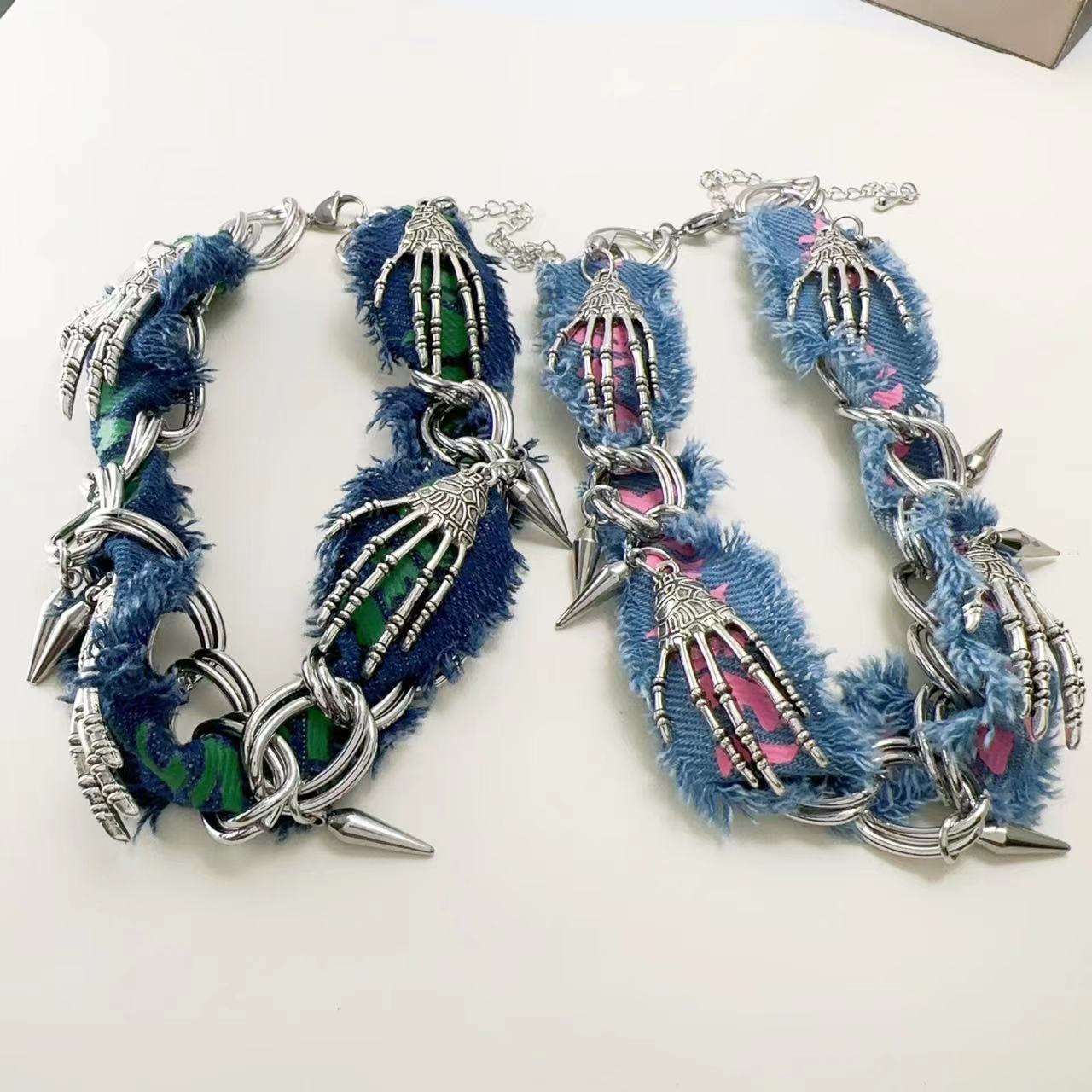 Denim raw hem hand bone choker necklace