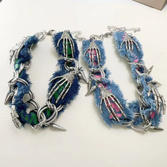 Denim raw hem hand bone choker necklace