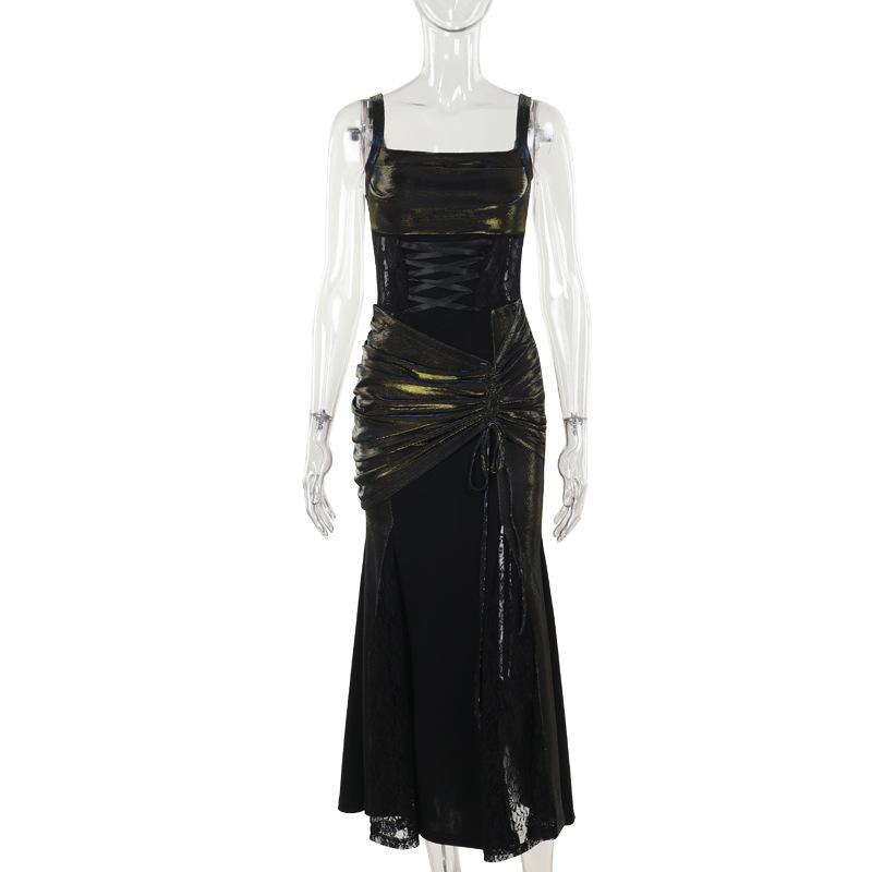 Square neck ruched lace up lace hem maxi dress