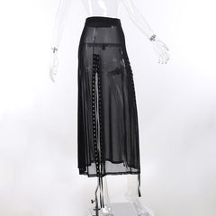Sheer mesh see through lace up slit solid maxi dress  | samba dress