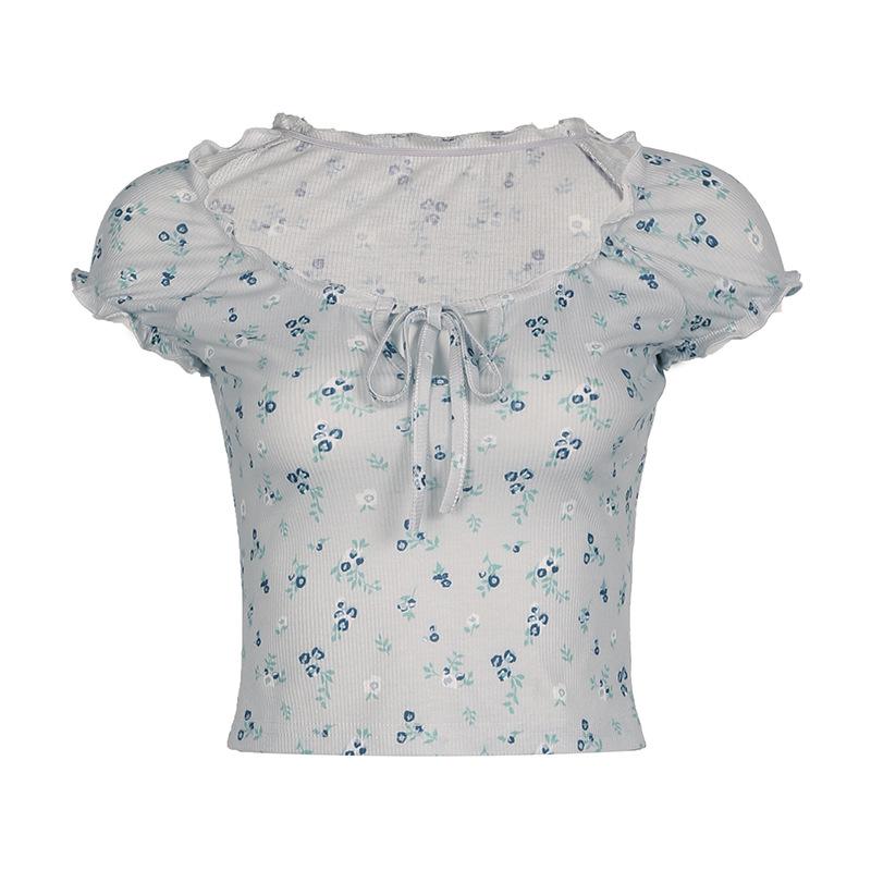 Short sleeve knotted ruffle ribbed print top