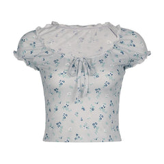 Short sleeve knotted ruffle ribbed print top