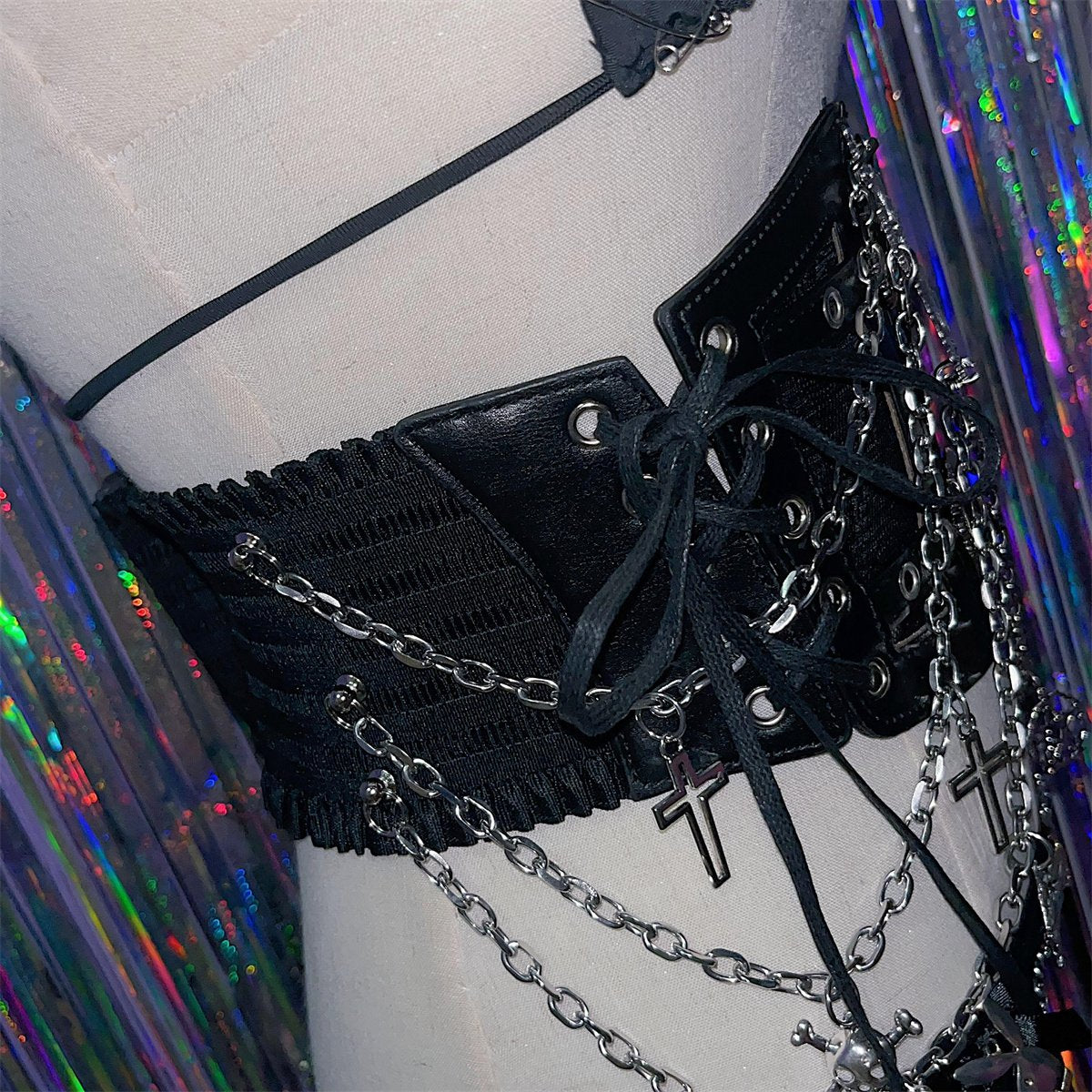 PU leather metal chain cross applique waist chain