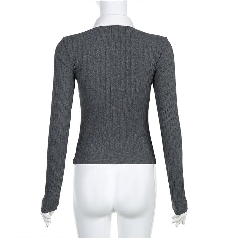 Turnover collar long sleeve button ruched contrast patchwork top