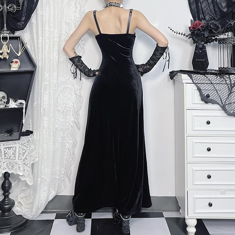 Velvet high slit pentacle pattern buckle cami maxi dress