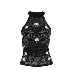 High neck ruffle print embroidery tank top