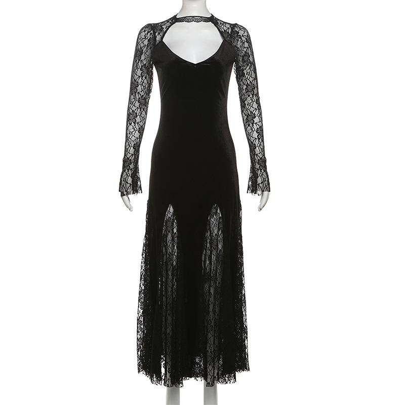 Long sleeve v neck lace velvet patchwork maxi dress