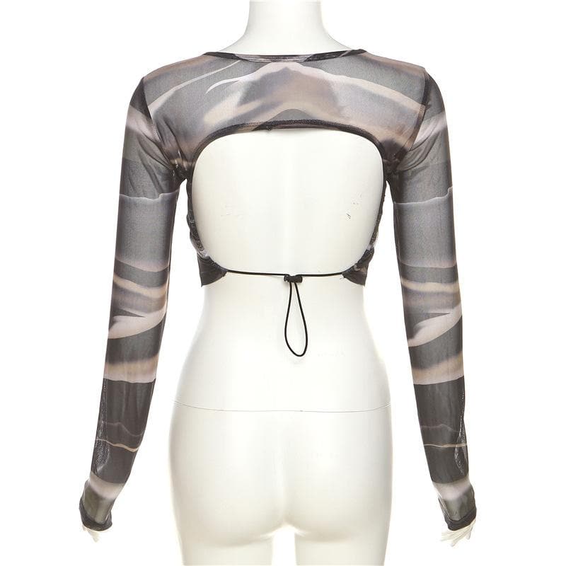 Sheer mesh contrast print long sleeve see through backless crop top