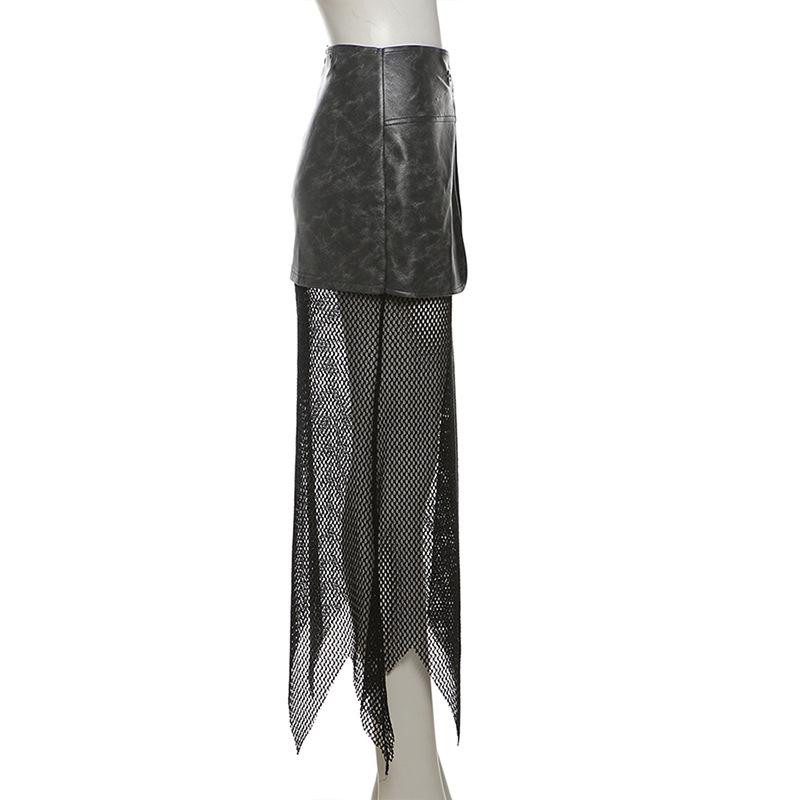 PU leather fishnet patchwork button maxi skirt