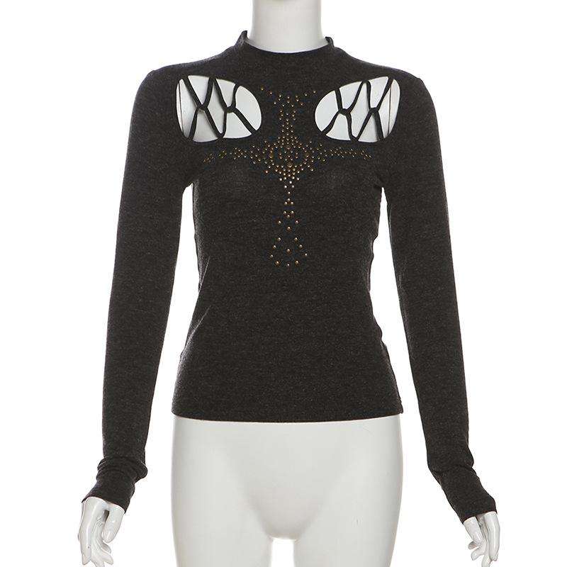 High neck long sleeve beaded cross pattern hollow out top