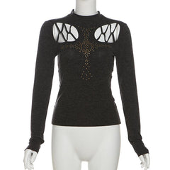 High neck long sleeve beaded cross pattern hollow out top