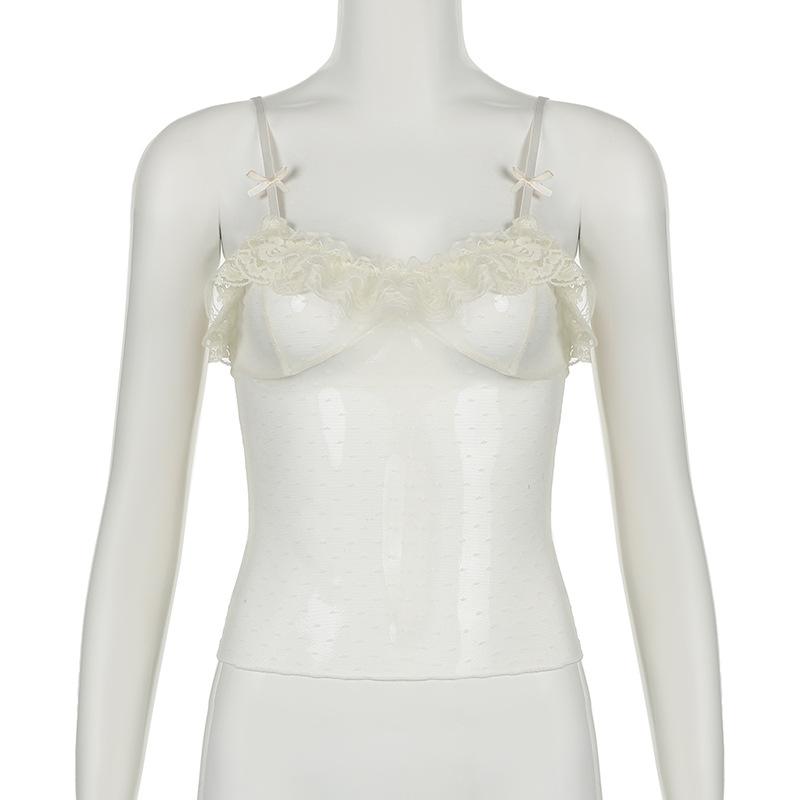 Sheer mesh lace see through ruffle bowknot cami top