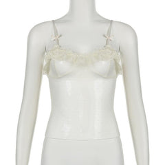 Sheer mesh lace see through ruffle bowknot cami top