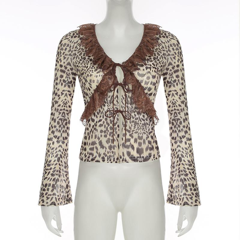 Long sleeve mesh lace hem leopard print self tie top