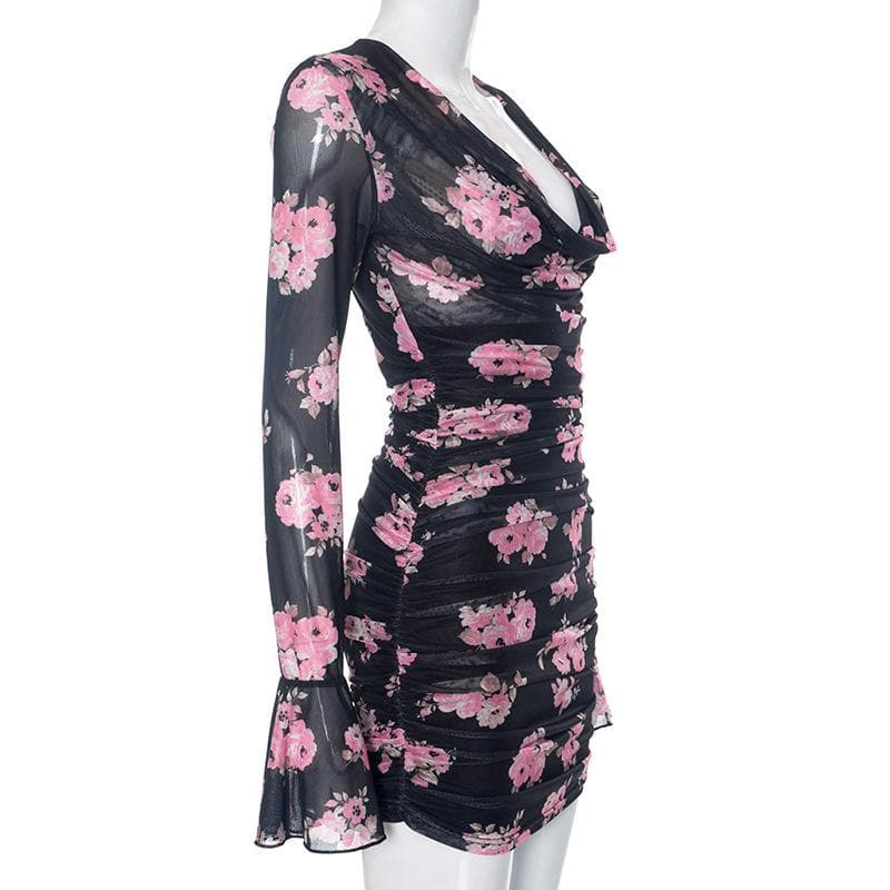 Long flared sleeve cowl neck ruffle flower print sheer mesh mini dress  | samba dress