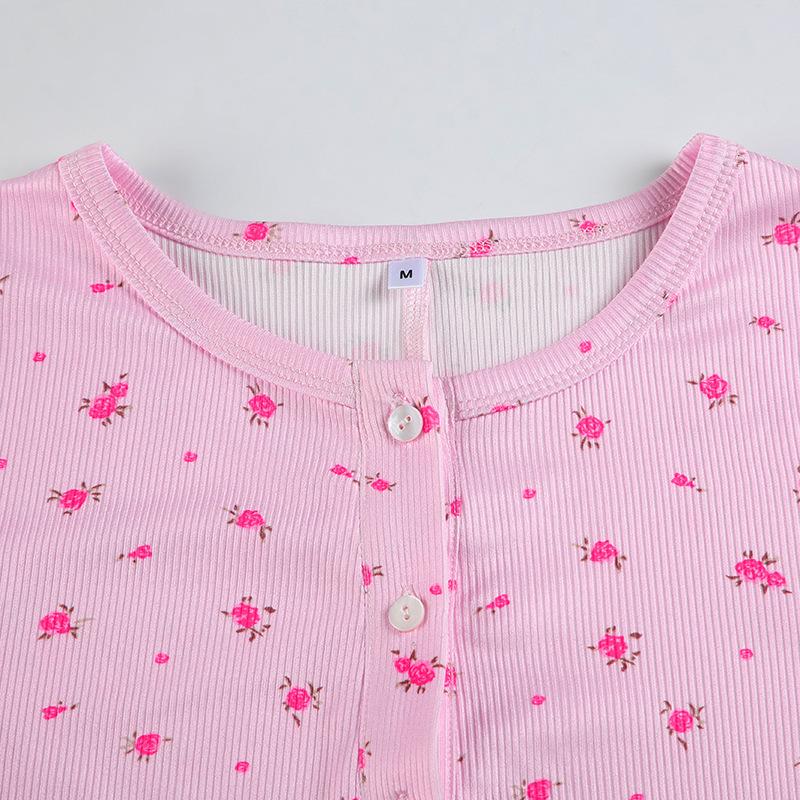 Long sleeve crewneck button flower print romper
