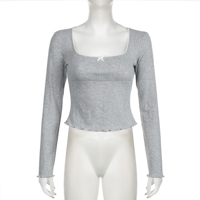 Square neck long sleeve bowknot ruffle top