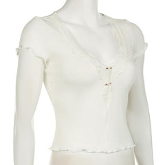 Short sleeve v neck ruffle lace hem ribbed top