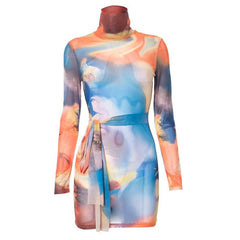 Self tie sheer mesh long sleeve high neck contrast print mini dress  | samba dress