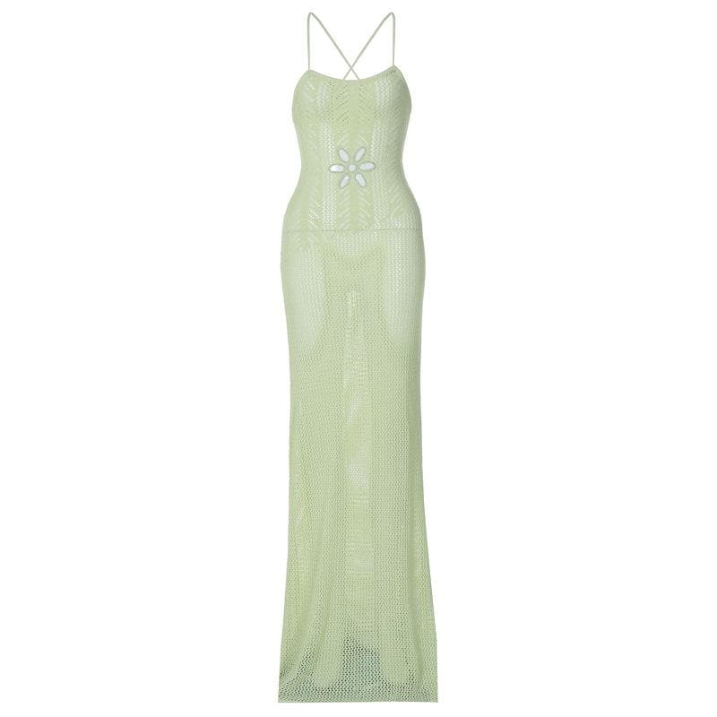 Knitted cross back see through cami maxi dress  | black rave dress