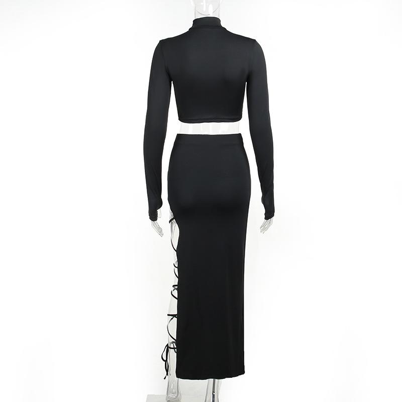 Long sleeve high neck self tie slit maxi skirt set