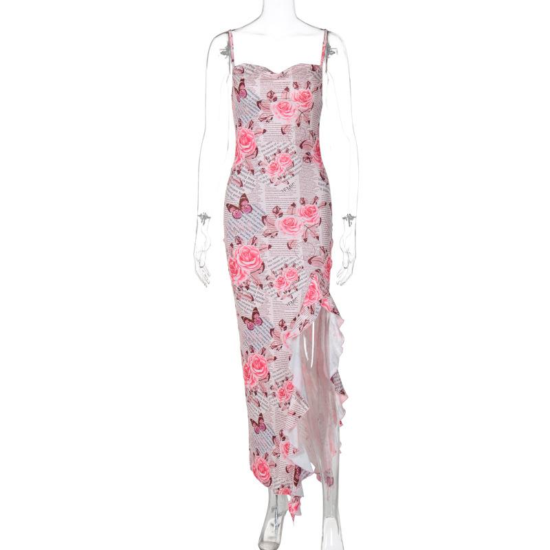 Cowl neck ruffle slit butterfly print cami maxi dress