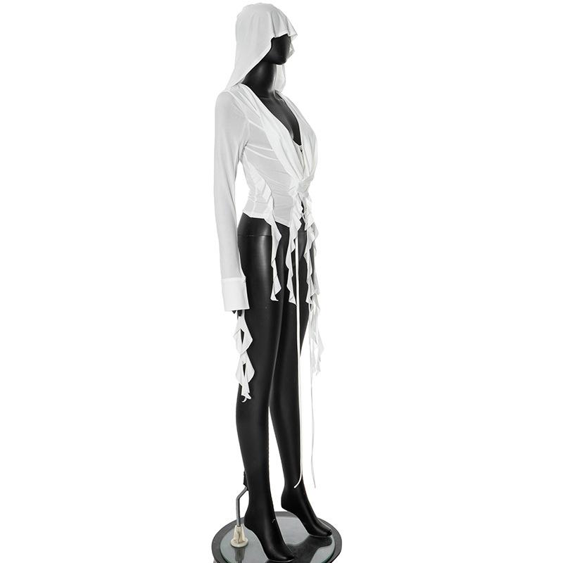 Hoodie long sleeve tassels self tie top
