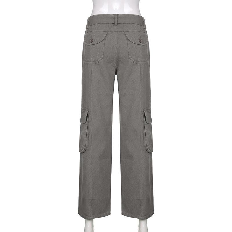 Tie waist pocket button solid straight leg cargo jeans