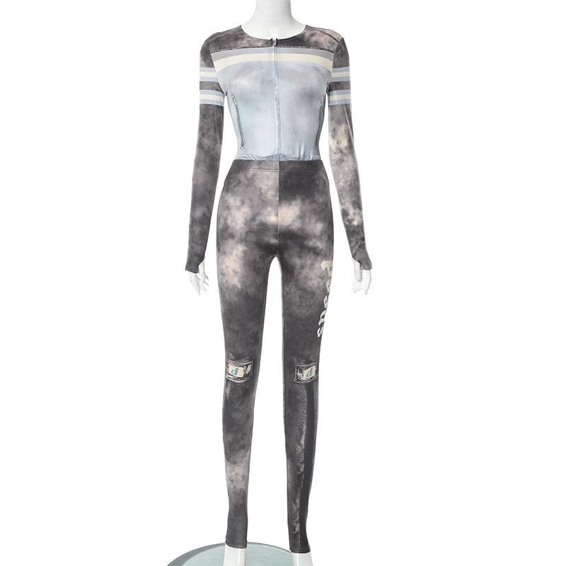 Tie dye contrast long sleeve gloves zip-up pant set