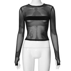 Long sleeve mesh patchwork crewneck gloves top