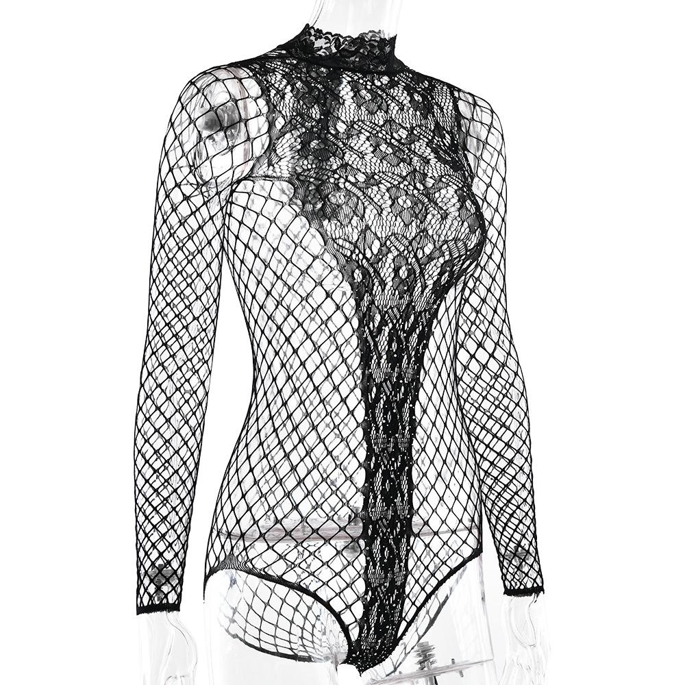 Crewneck long sleeve fishnet see through romper