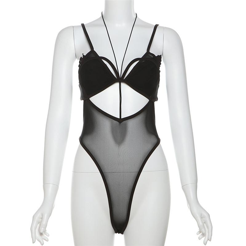 Mesh hollow out stitch ruffle solid cami bodysuit