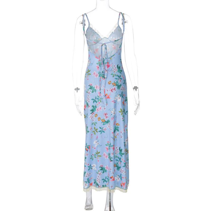 Print v neck lace hem knotted cami midi dress