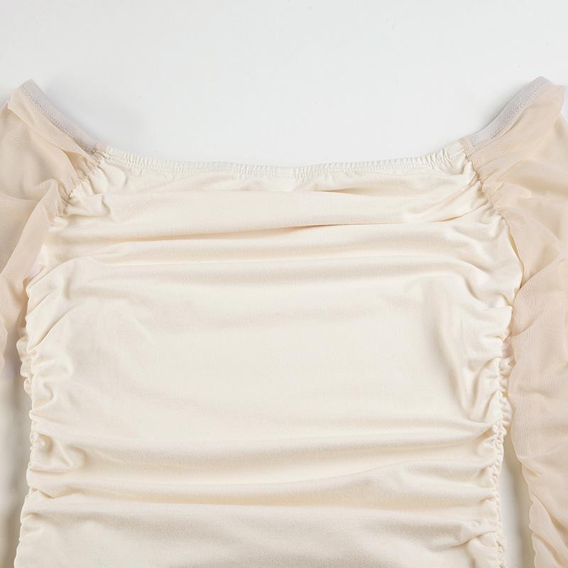 Long sleeve off shoulder mesh ruched top
