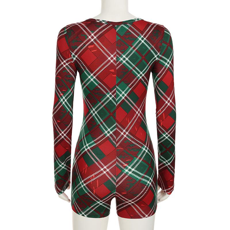 V neck long sleeve plaid button romper