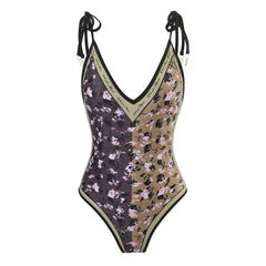 Flower pattern contrast self tie v neck backless one piece swimwear