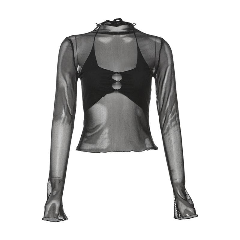 Long sleeve mesh high neck ruffle self tie solid 2 piece crop top