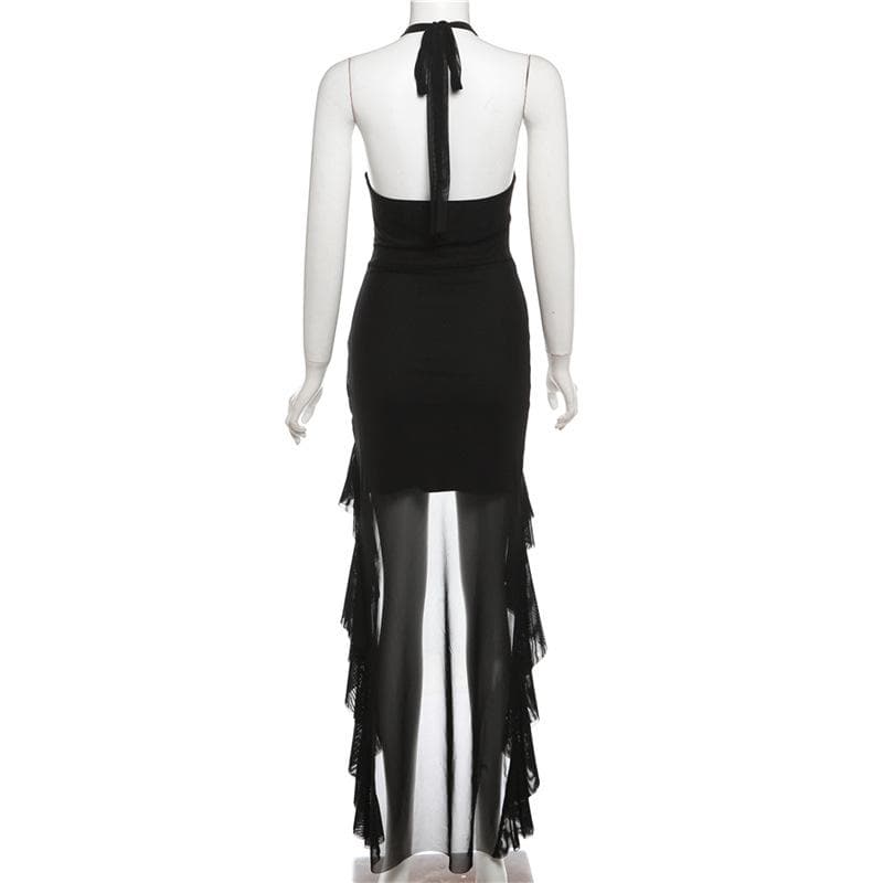 Halter cowl neck flower applique ruffle maxi dress  | red tango dress