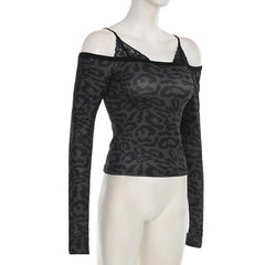 Leopard print long sleeve lace hem off shoulder top