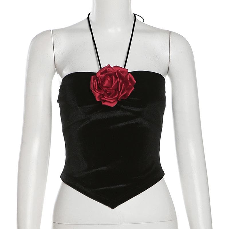 Halter velvet flower applique backless top