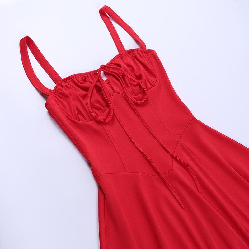 Ruched solid sweetheart neck slit sleeveless midi dress  | red tango dress