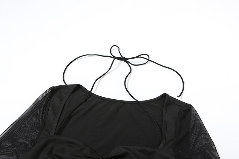 Long sleeve halter mesh ruched ruffle mini dress