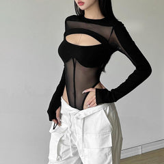 Hollow out long sleeve gloves button mesh bodysuit