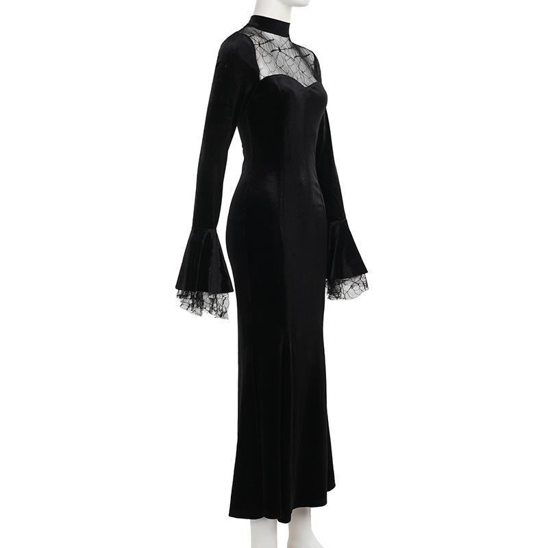 Long flared sleeve velvet patchwork spider web maxi dress