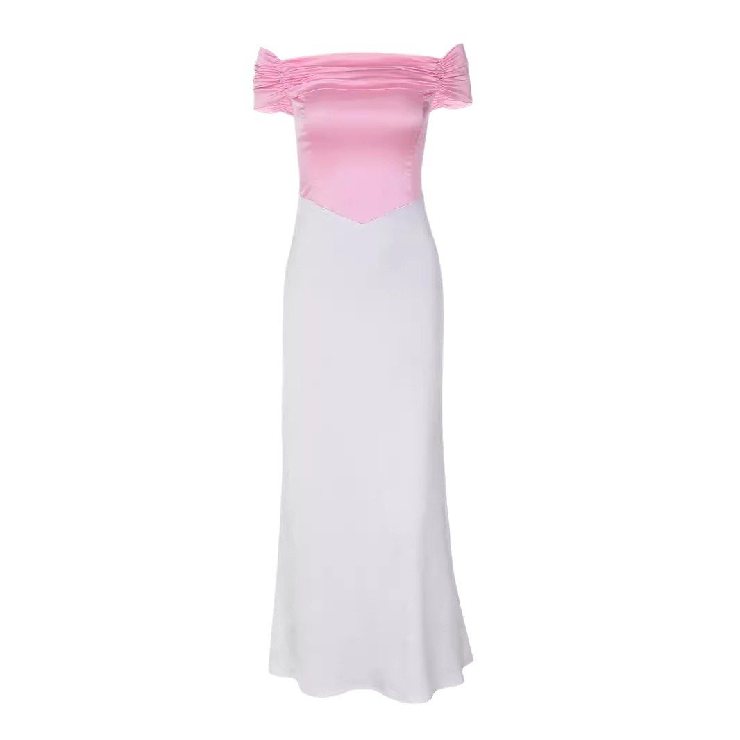 Short sleeve off shoulder ruched satin lace up midi dress