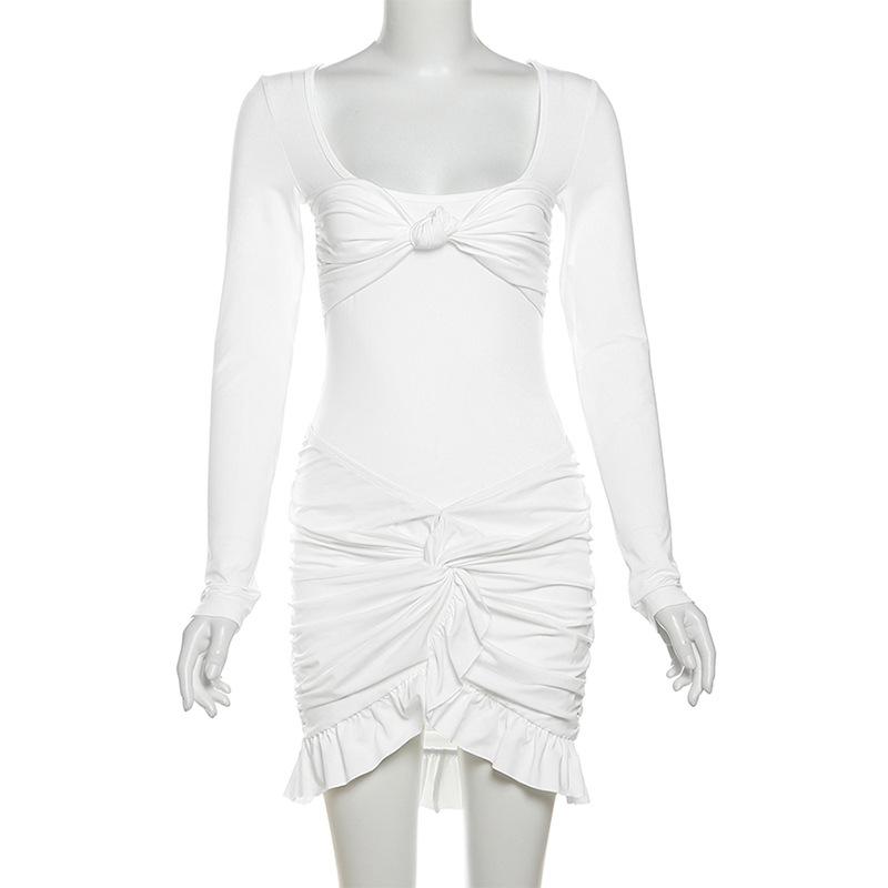 Long sleeve u neck ruched ruffle mini skirt set