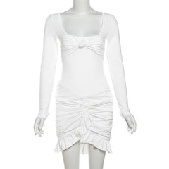 Long sleeve u neck ruched ruffle mini skirt set