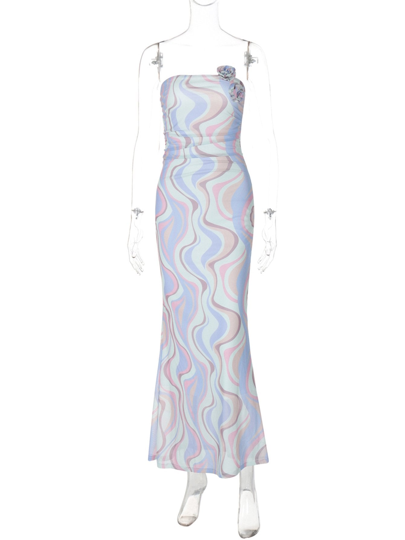 Rose applique ruched contrast mesh tube maxi dress