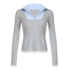 Turnover collar patchwork long sleeve lace hem knitted top